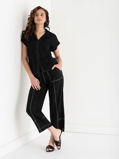 Viscose Linen Pull-On Cropped Leg Pant Black