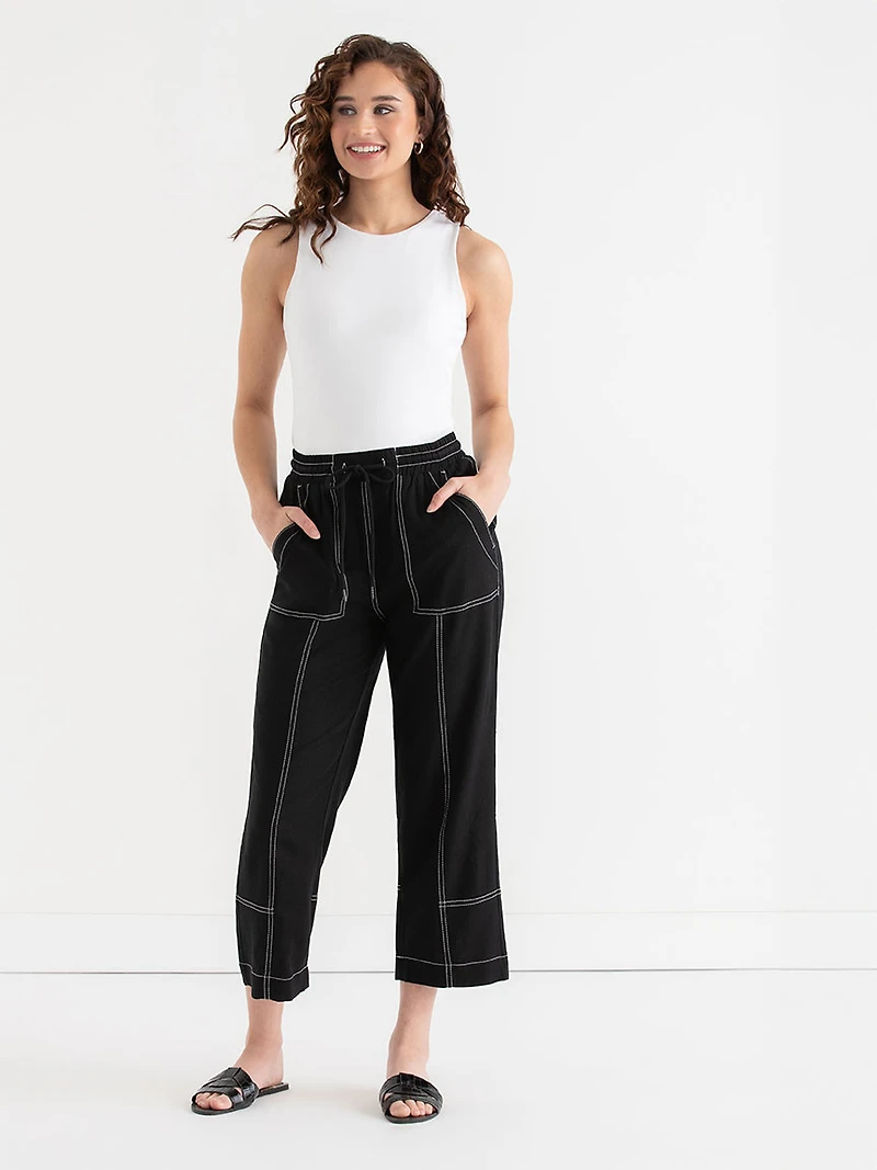 Viscose Linen Pull-On Cropped Leg Pant