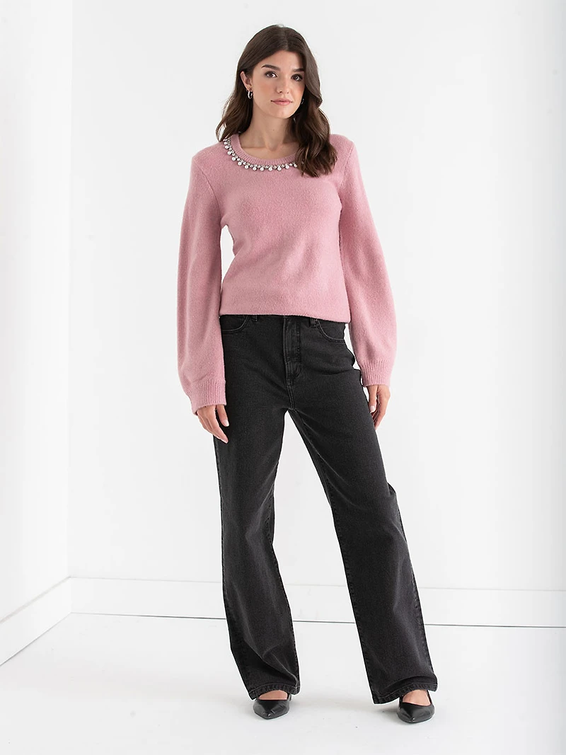 Jewel Necklace Pullover Sweater Lilas