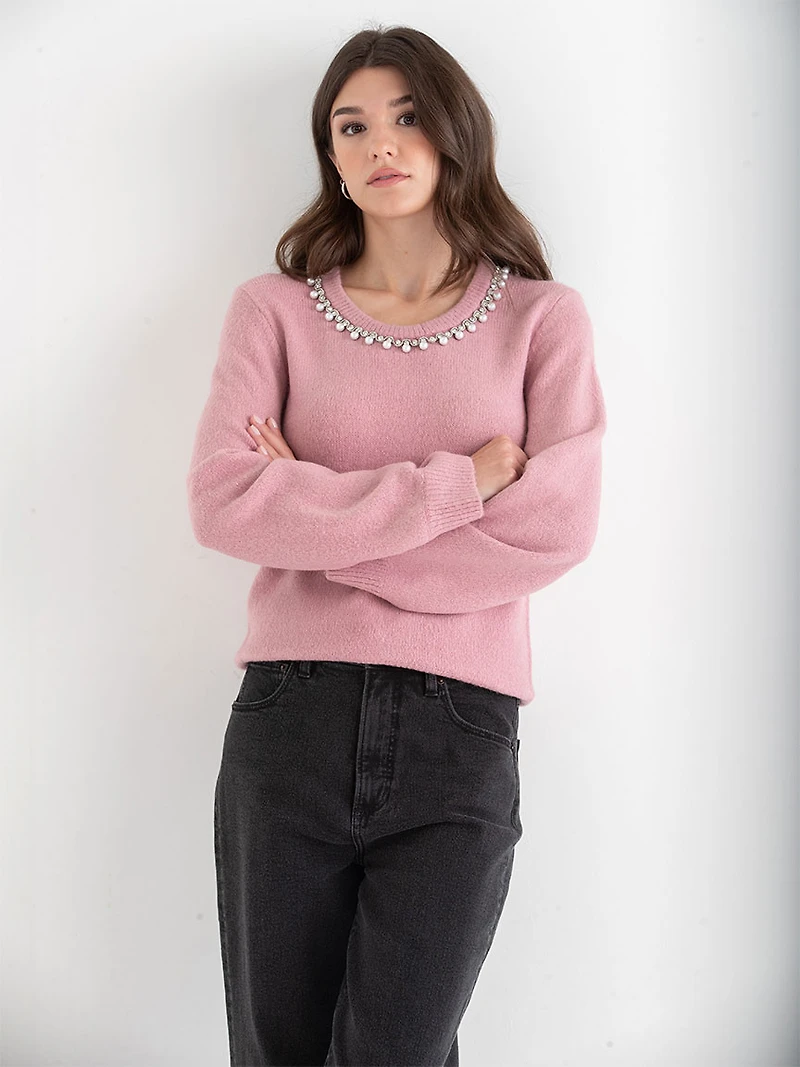Jewel Necklace Pullover Sweater Lilas