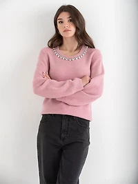 Jewel Necklace Pullover Sweater Lilas