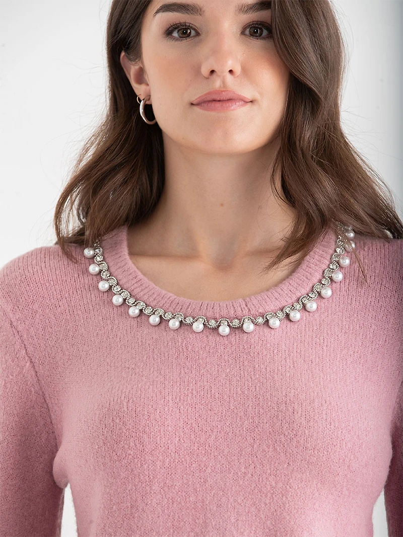Jewel Necklace Pullover Sweater Lilas