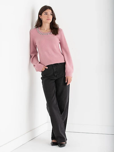 Jewel Necklace Pullover Sweater Lilas