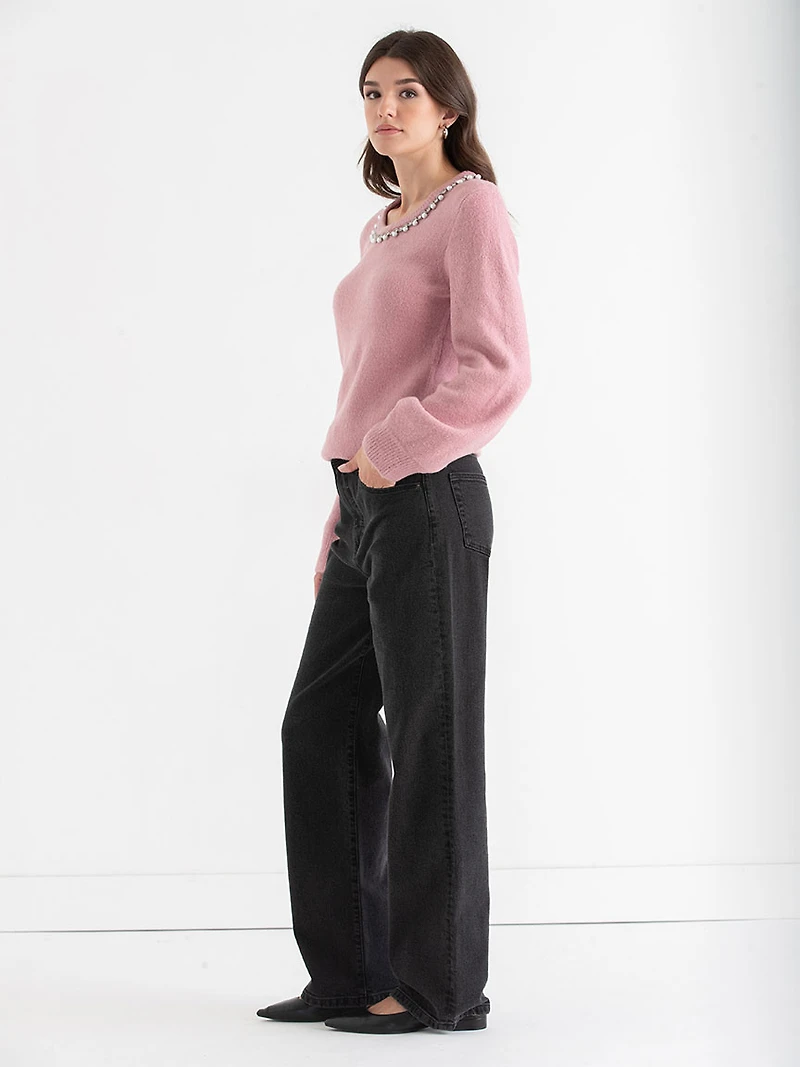 Jewel Necklace Pullover Sweater Lilas