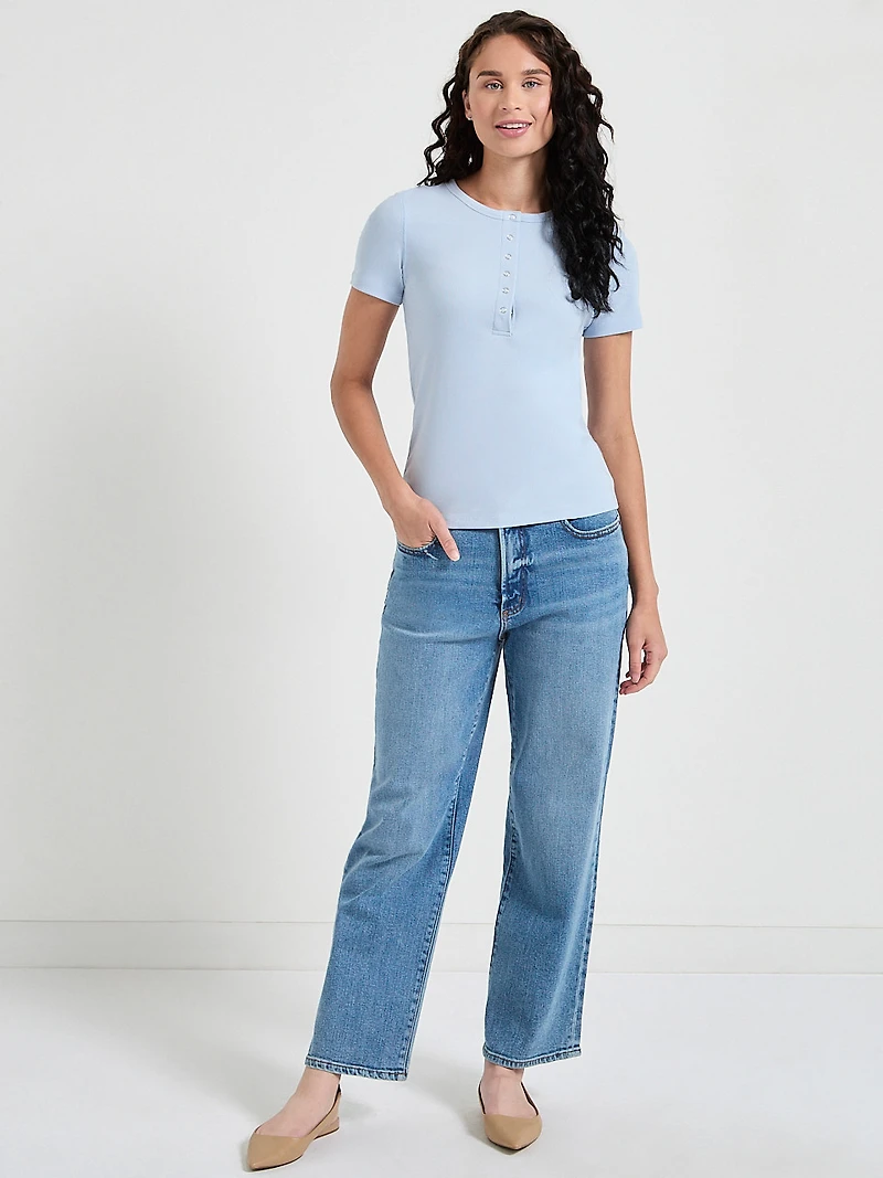 Short Sleeve Henley Knit Top Kentucky Blue