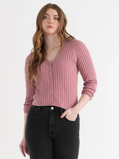 V-Neck Long Sleeve Rib Cardigan Lilas