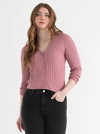 V-Neck Long Sleeve Rib Cardigan Lilas
