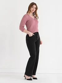 V-Neck Long Sleeve Rib Cardigan Lilas