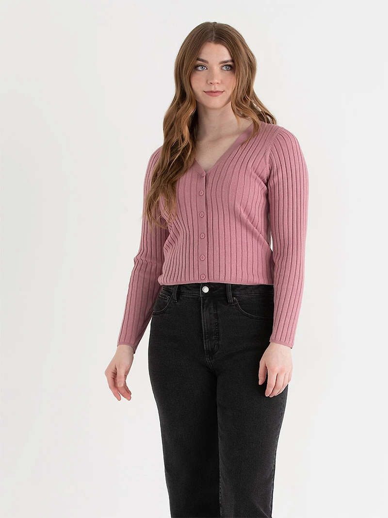 V-Neck Long Sleeve Rib Cardigan Lilas