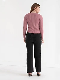 V-Neck Long Sleeve Rib Cardigan Lilas