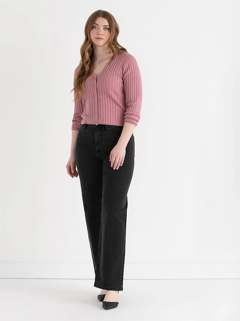 V-Neck Long Sleeve Rib Cardigan Lilas