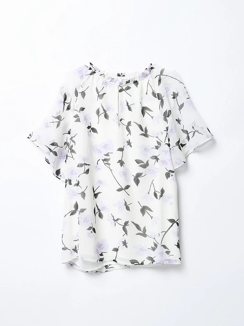 Short Flutter Sleeve Chiffon Blouse Floral