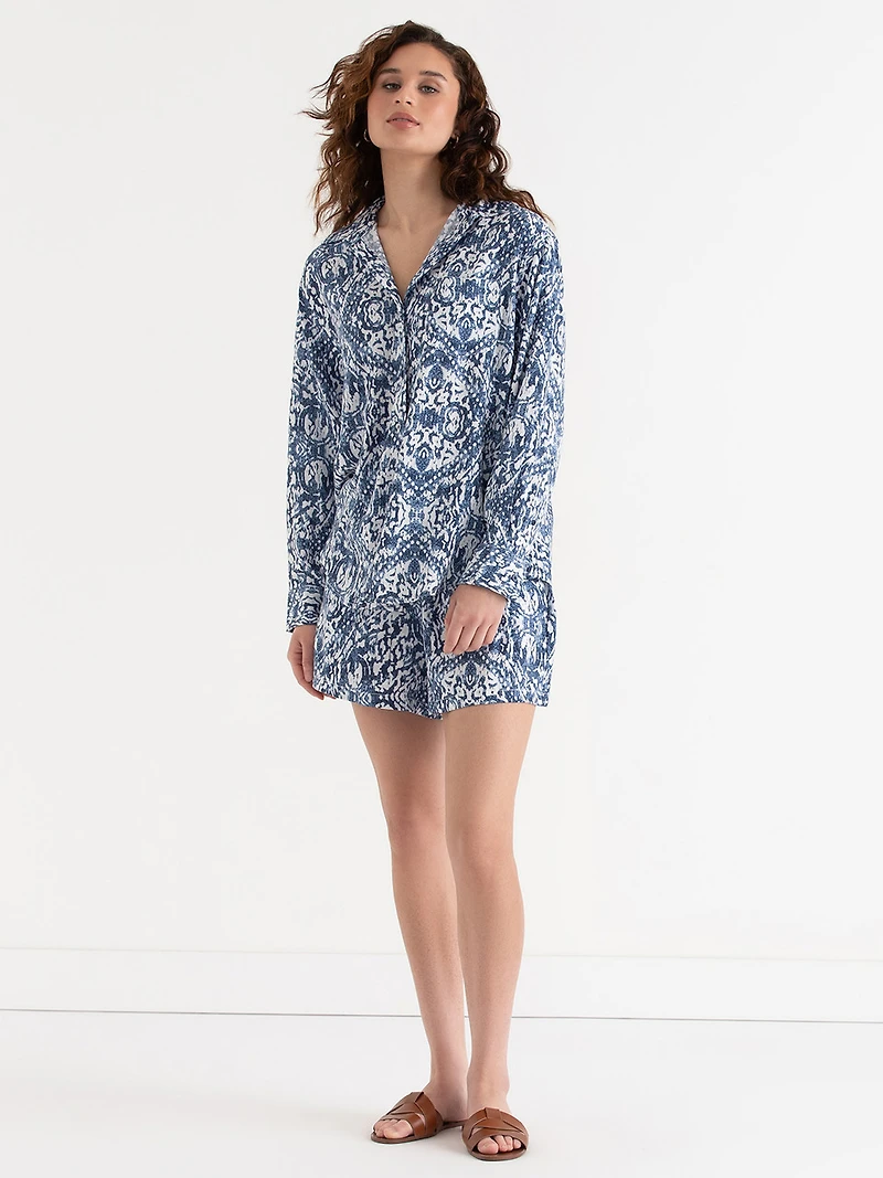 Linen Blend Pull-On Shorts Blue Print