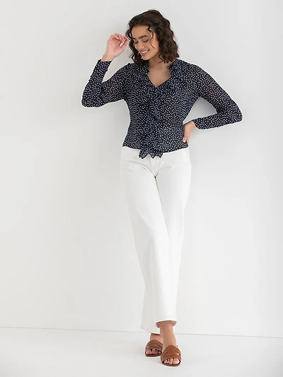 Long Sleeve Ruffle Blouse Salute Dot Print