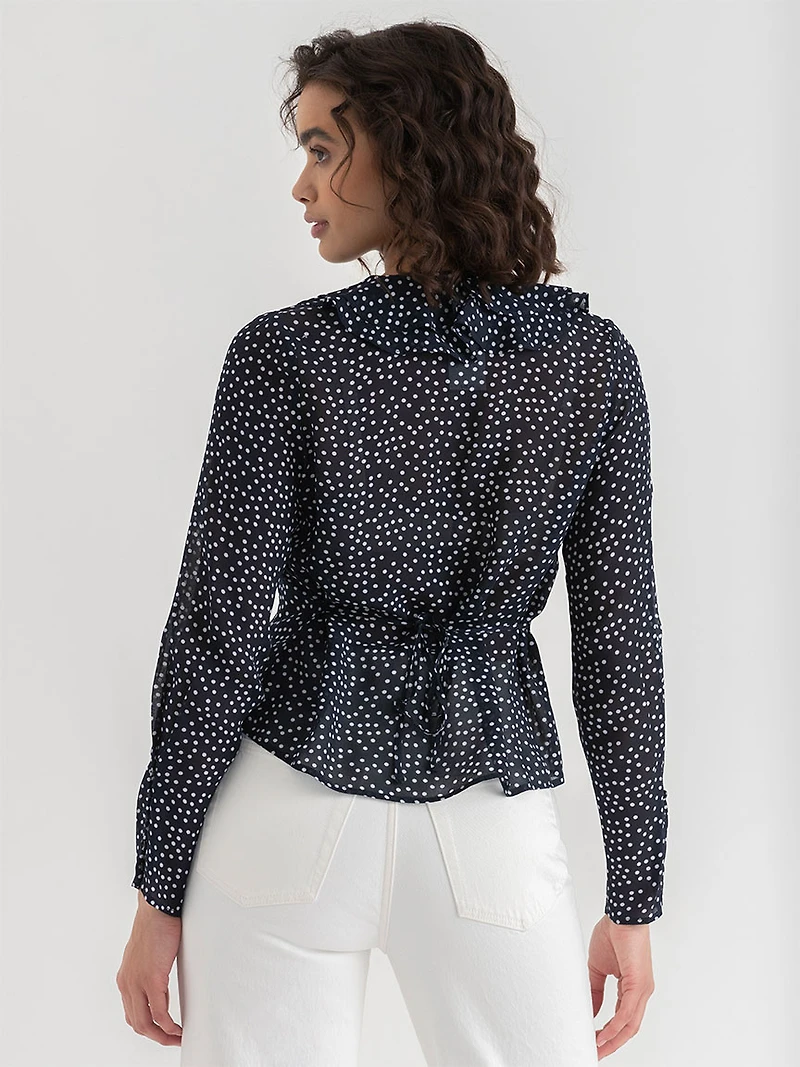 Long Sleeve Ruffle Blouse Salute Dot Print