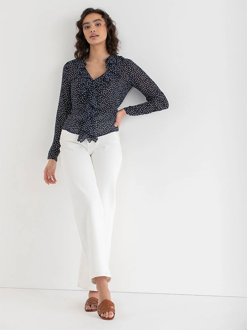 Long Sleeve Ruffle Blouse Salute Dot Print