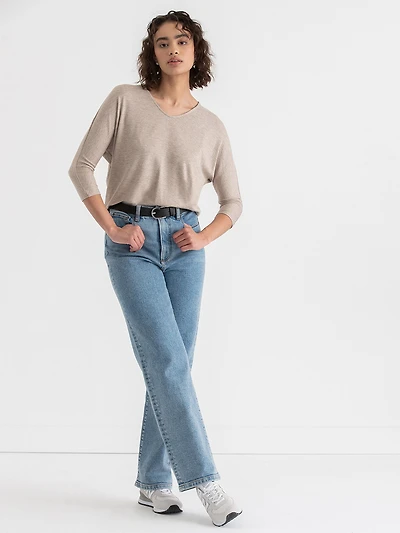 Easy V-Neck Hacci Knit Top Brown