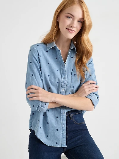 Denim Shirt with Embroidered Hearts