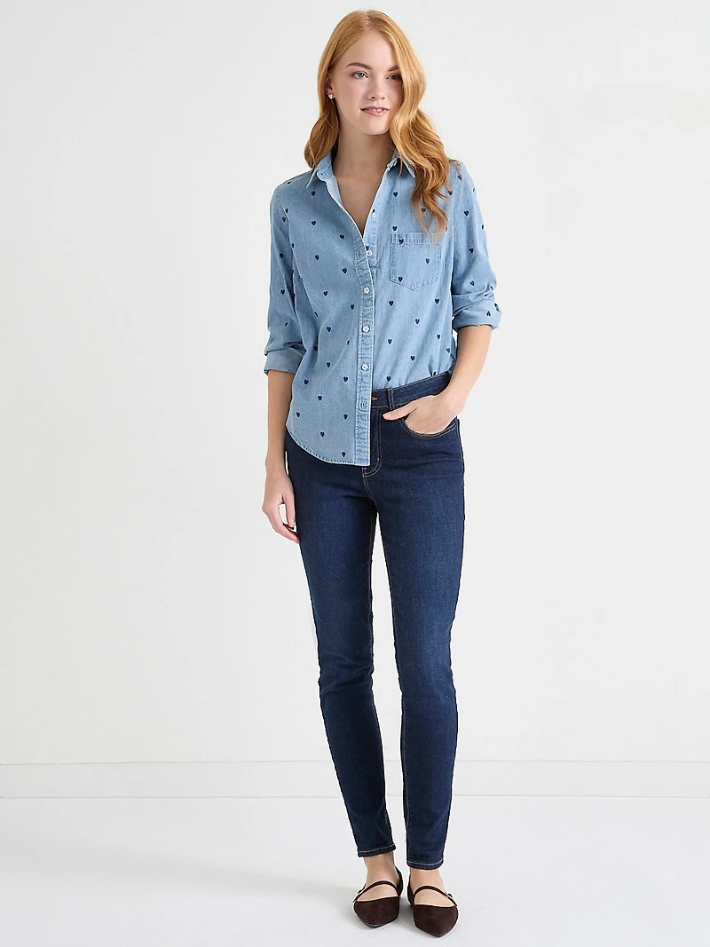 Denim Shirt with Embroidered Hearts