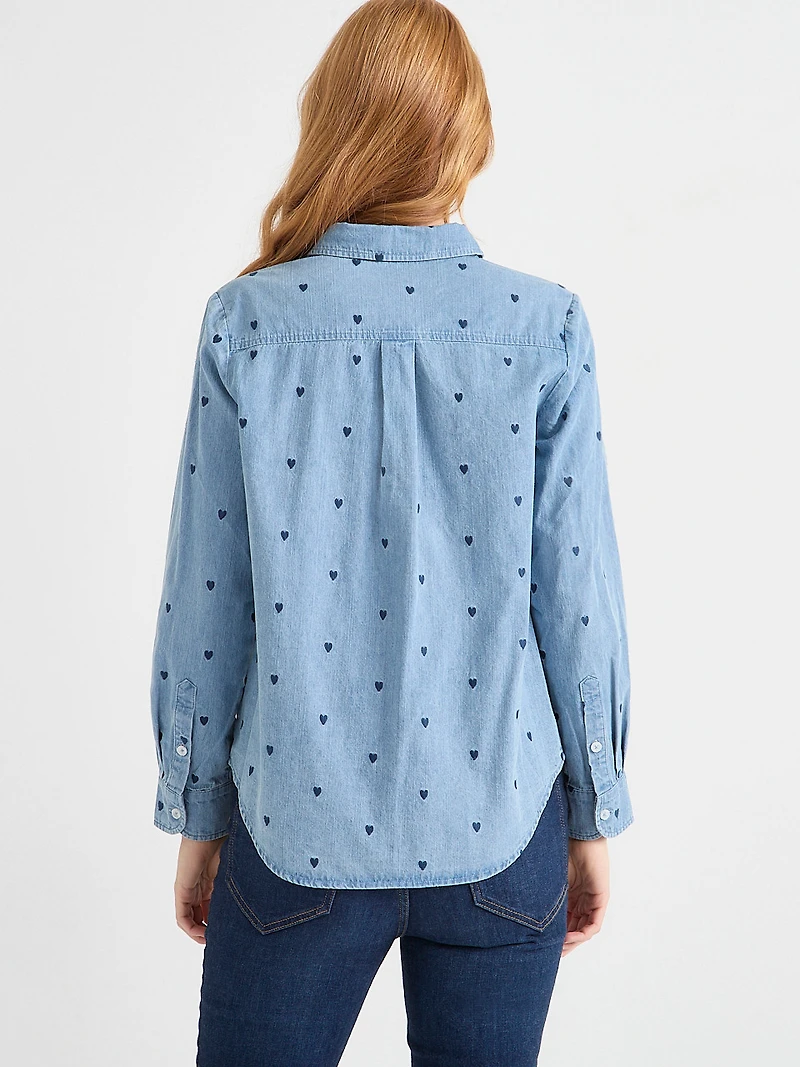 Denim Shirt with Embroidered Hearts