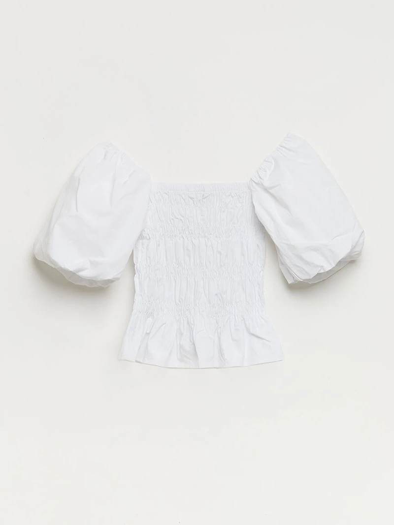 Poplin Short Puff Sleeve Top White