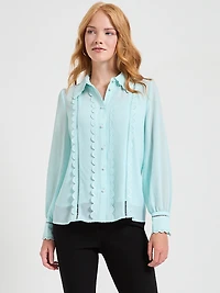 Long Sleeve Scallop Detail Blouse Pastel Blue