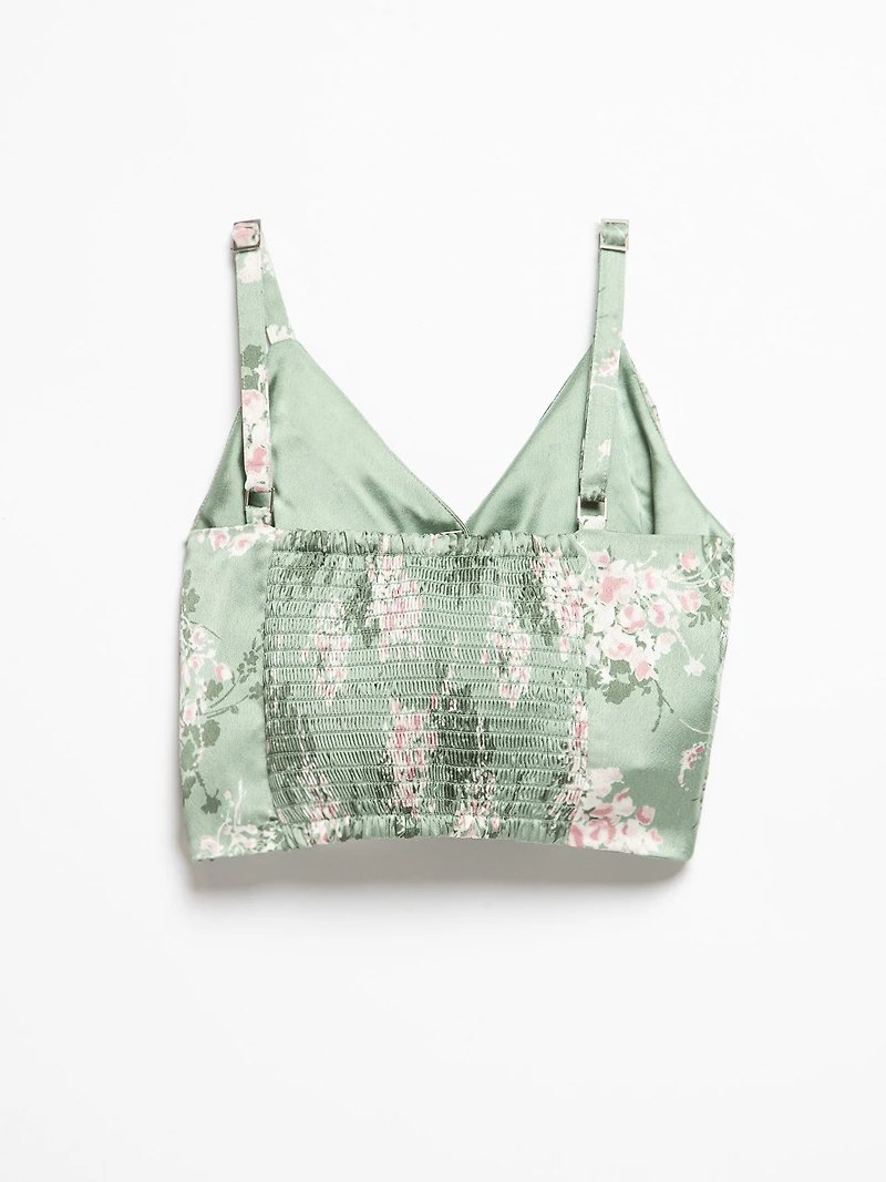 Sleeveless Pleated Satin Tank Sage Floral