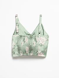 Sleeveless Pleated Satin Tank Sage Floral