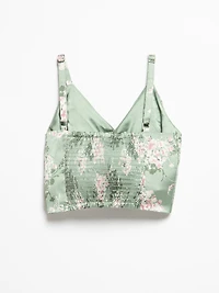 Sleeveless Pleated Satin Tank Sage Floral