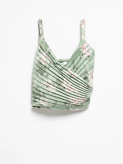 Sleeveless Pleated Satin Tank Sage Floral