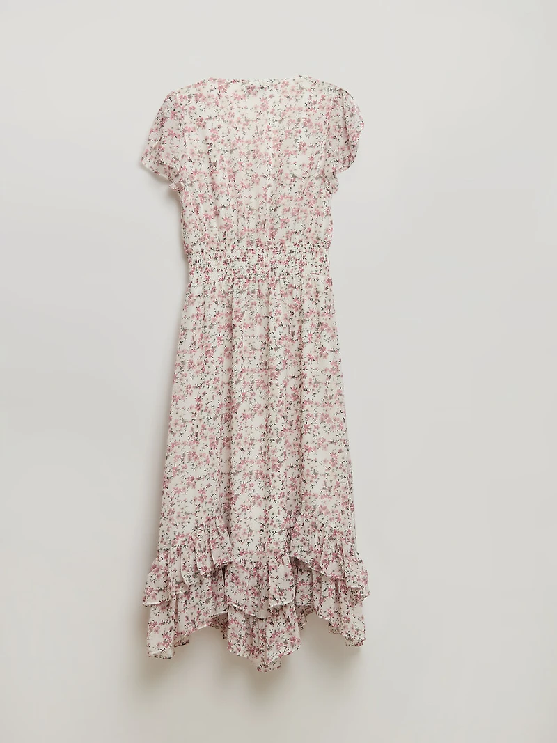 Chiffon Handkerchief Hem Ruffle Dress Wht Grnd Floral Prnt