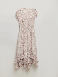 Chiffon Handkerchief Hem Ruffle Dress Wht Grnd Floral Prnt