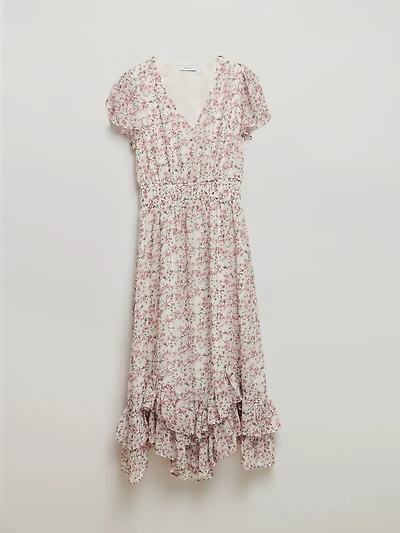 Chiffon Handkerchief Hem Ruffle Dress Wht Grnd Floral Prnt