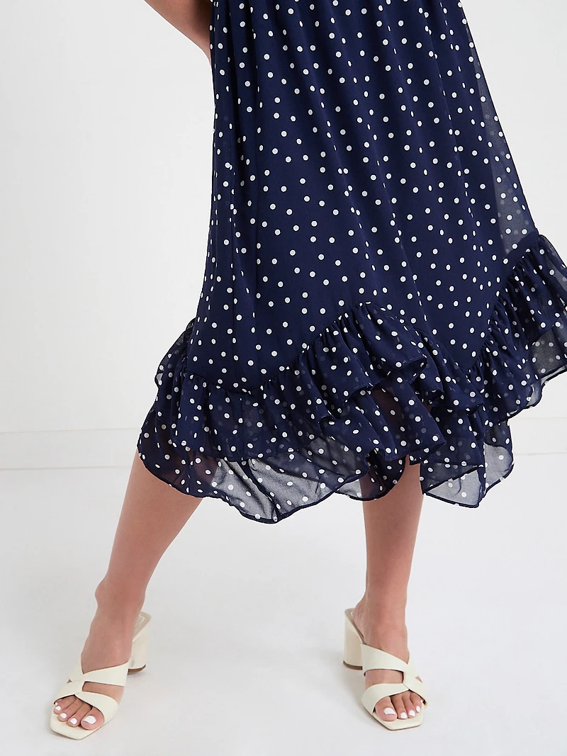 Chiffon Handkerchief Hem Ruffle Dress Wht Grnd Floral Prnt