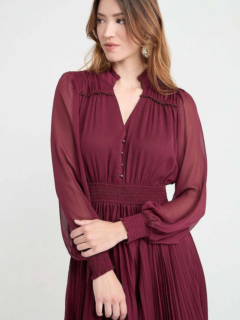 Long Sleeve Chiffon Midi Dress Burgundy
