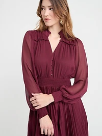 Long Sleeve Chiffon Midi Dress Burgundy