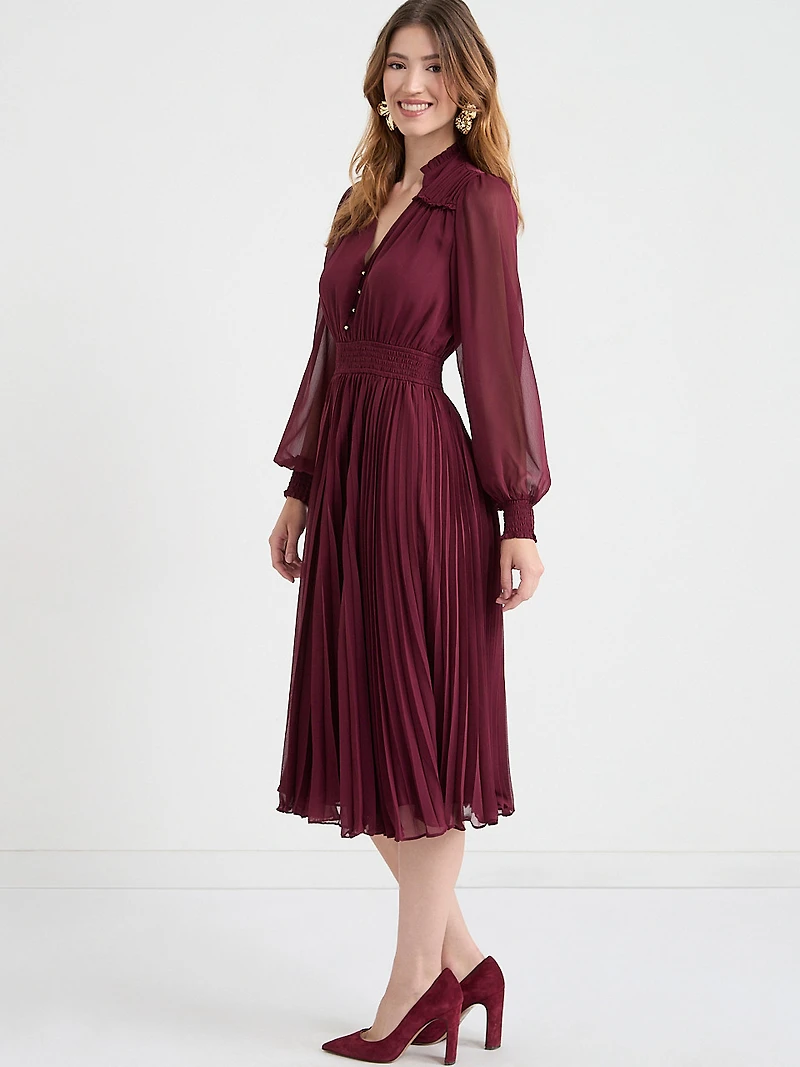 Long Sleeve Chiffon Midi Dress Burgundy