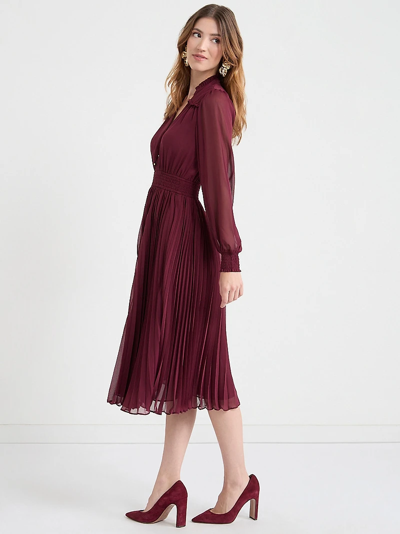Long Sleeve Chiffon Midi Dress Burgundy