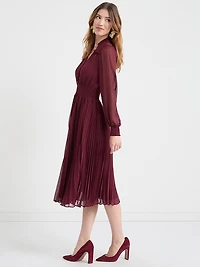 Long Sleeve Chiffon Midi Dress Burgundy