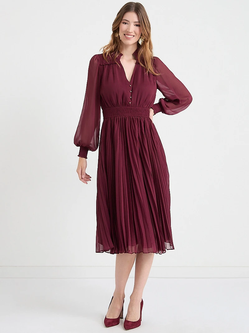 Long Sleeve Chiffon Midi Dress Burgundy