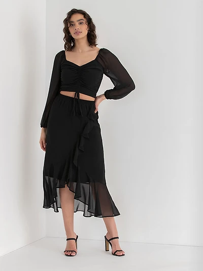Chiffon Ruffle Midi Skirt Black