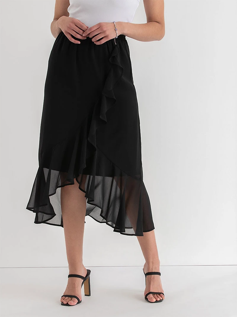 Chiffon Ruffle Midi Skirt Black