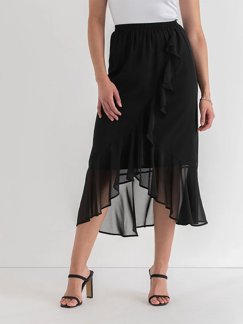 Chiffon Ruffle Midi Skirt Black