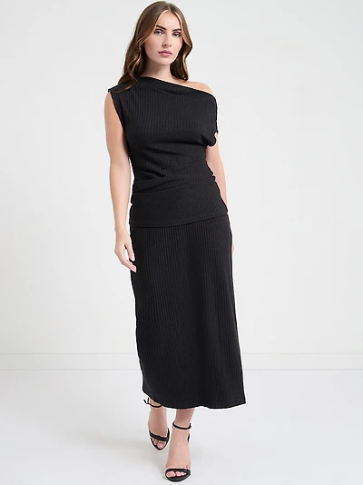 Textured Column Midi Skirt Charcoal