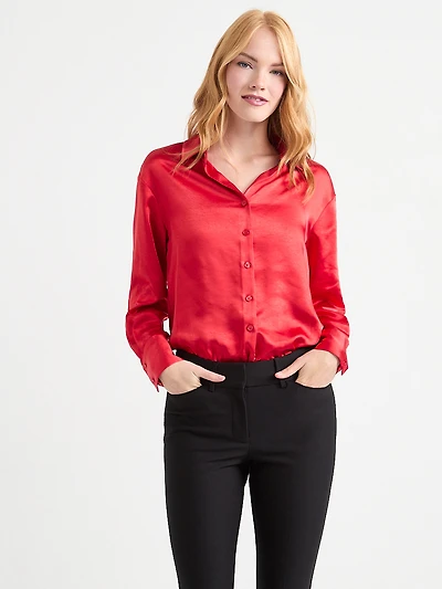 Long Sleeve Satin Blouse Red