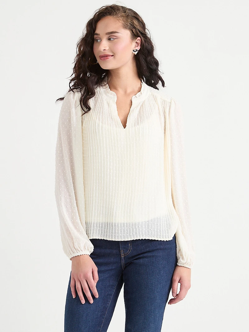 Long Sleeve Henley Swiss Dot Blouse Pine Grove