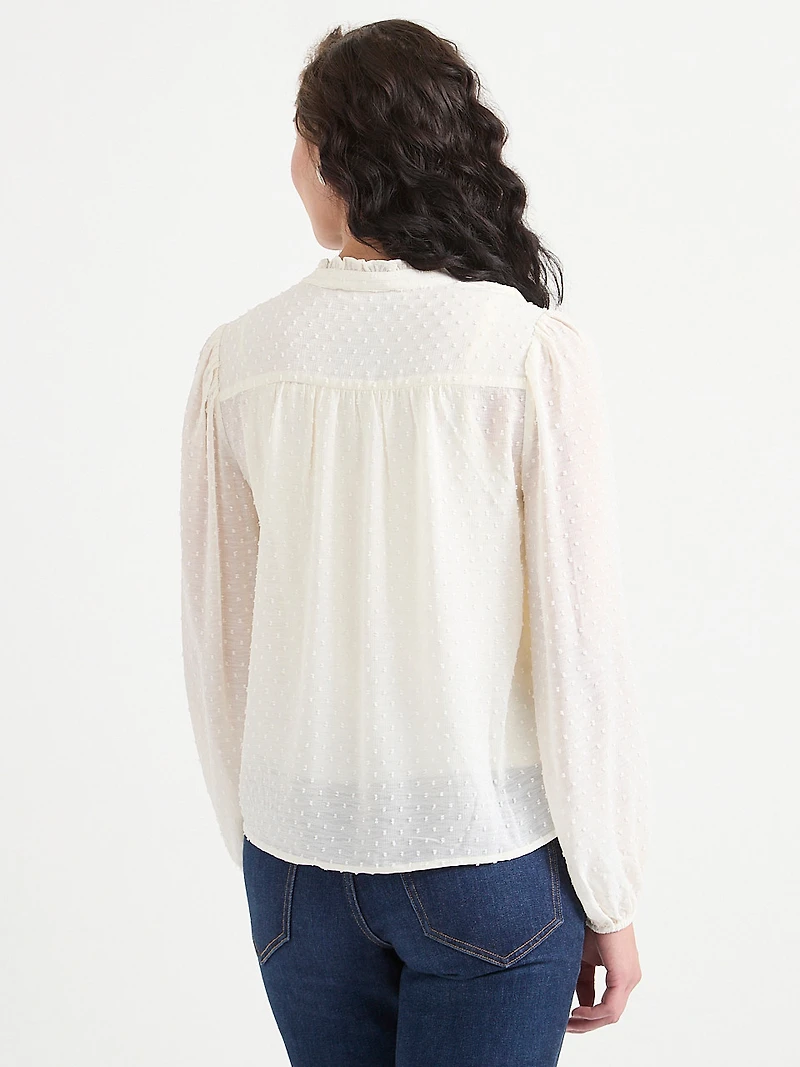 Long Sleeve Henley Swiss Dot Blouse Pine Grove