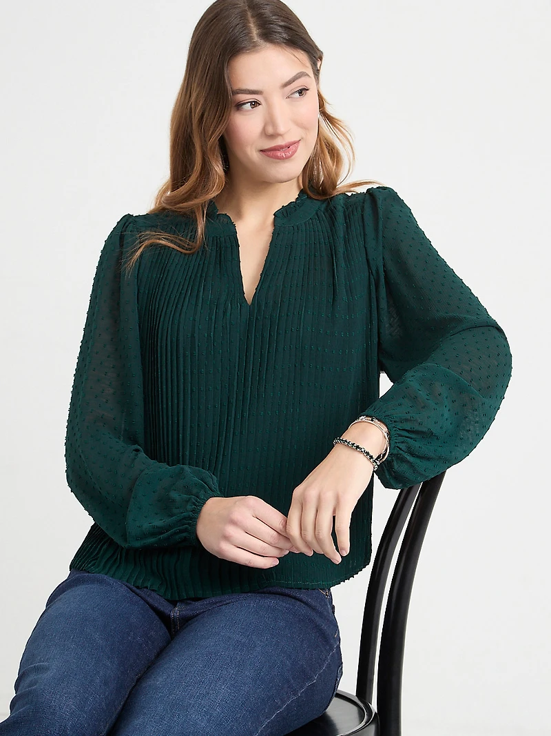 Long Sleeve Henley Swiss Dot Blouse Pine Grove