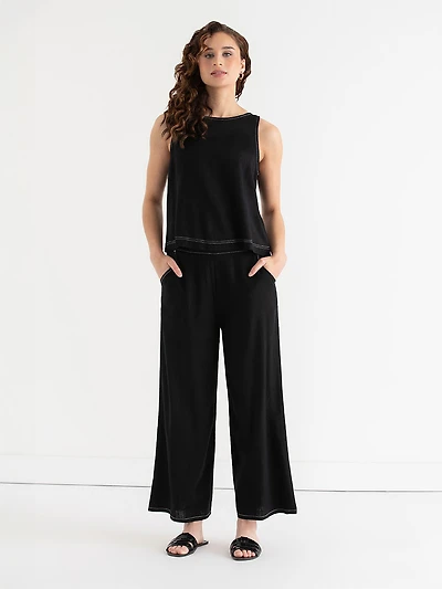 Linen Wide Crop Pant Black