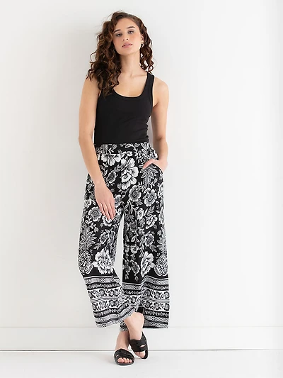 Linen Wide Crop Pant Black Border Print